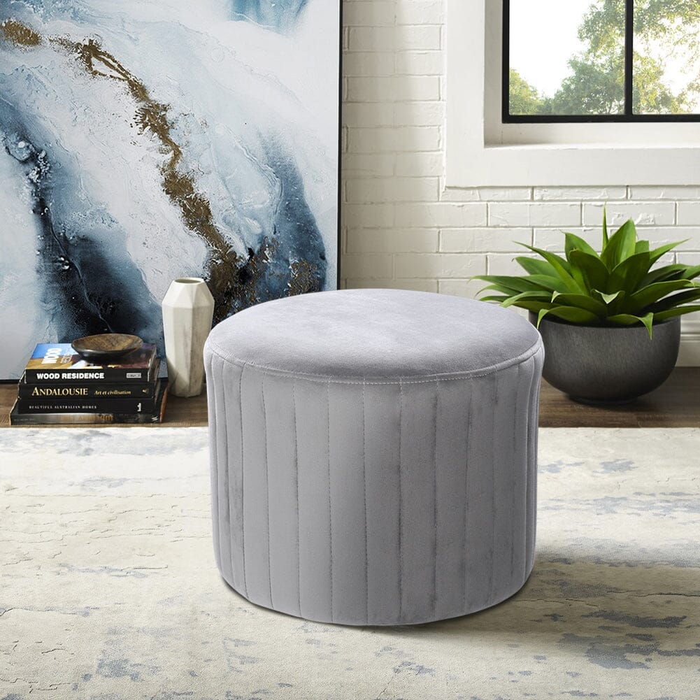 Round Ribbed Ottoman Grey Velvet Living and Home 