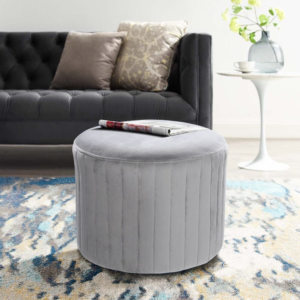 Round Ribbed Ottoman Grey Velvet Living and Home 