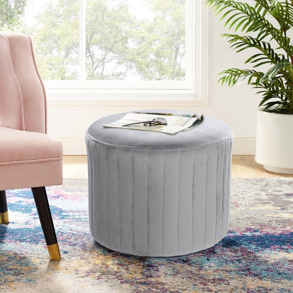 Round Ribbed Ottoman Grey Velvet Living and Home 