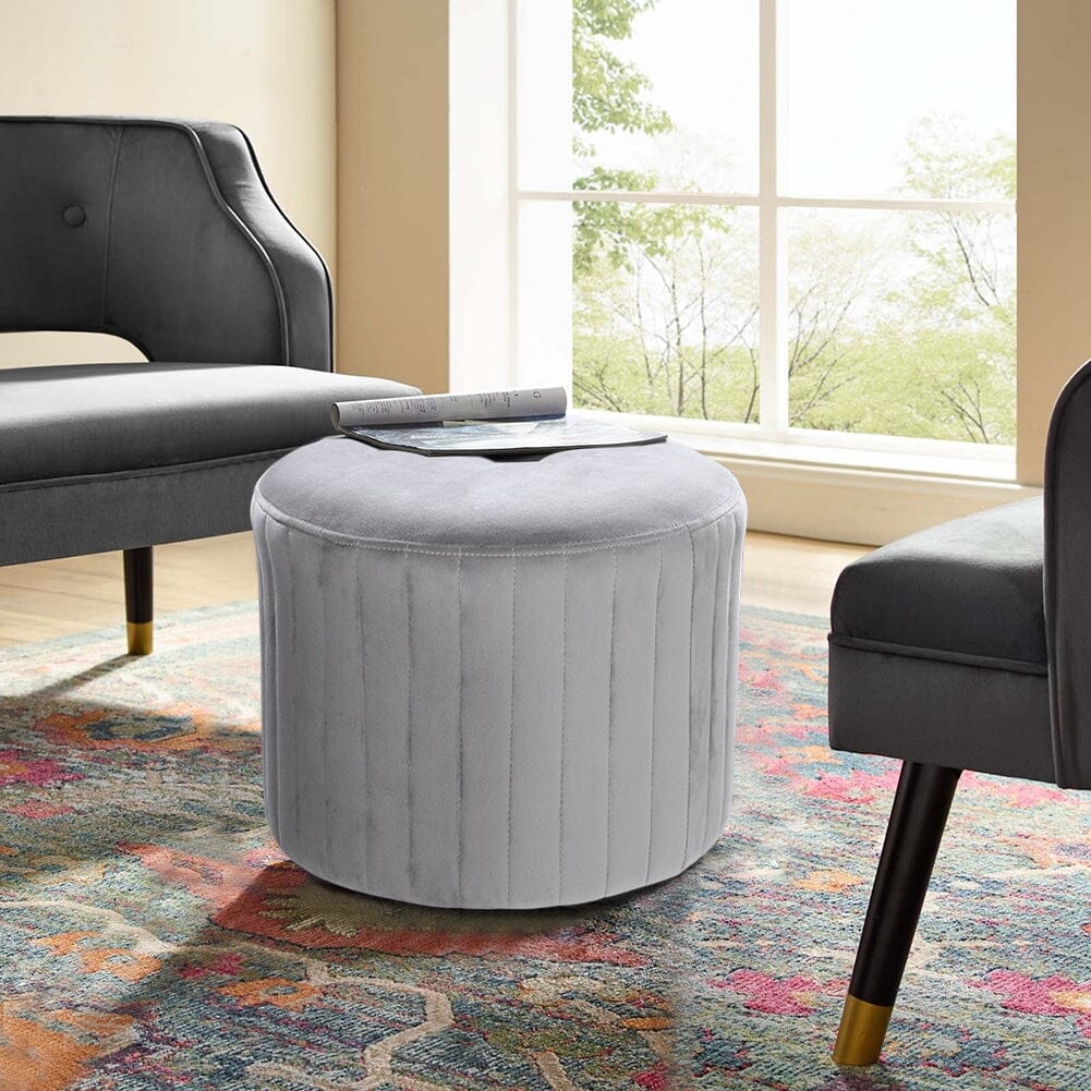 Round Ribbed Ottoman Grey Velvet Living and Home 
