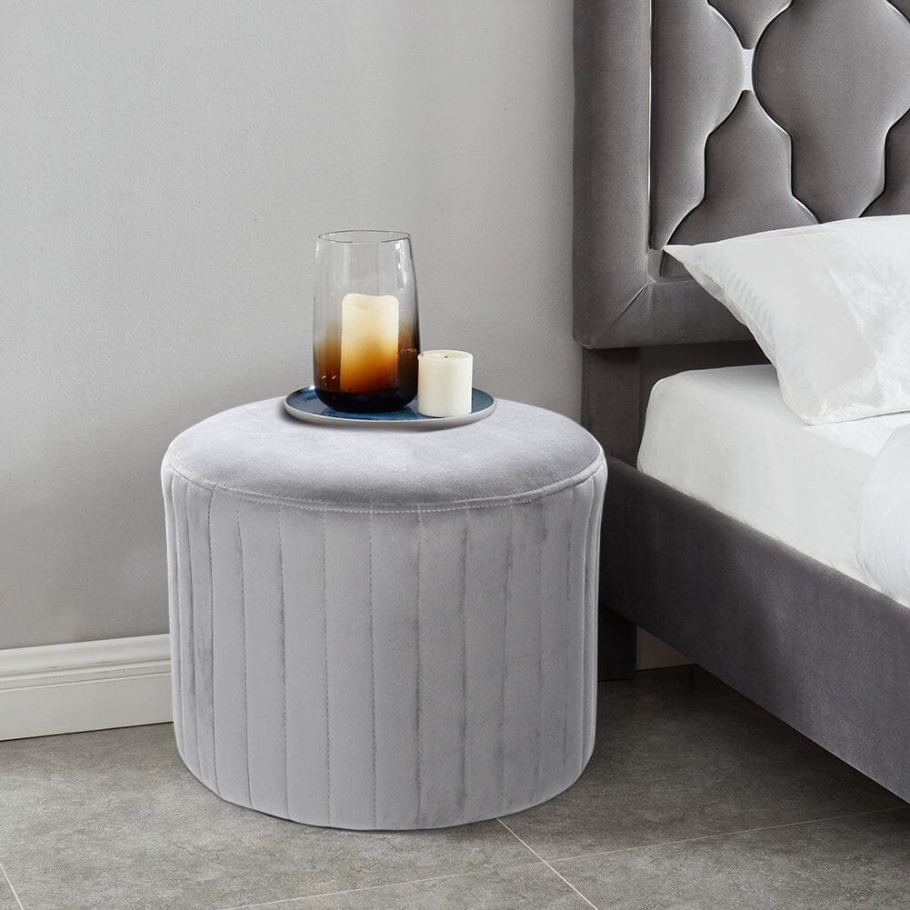 Round Ribbed Ottoman Grey Velvet Living and Home 