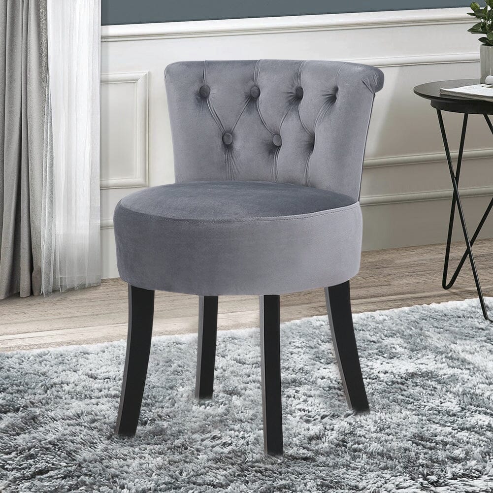 Velvet Vanity Stool with 7-Button Tufted Backrest & Black Rubber Wood Legs Living and Home 
