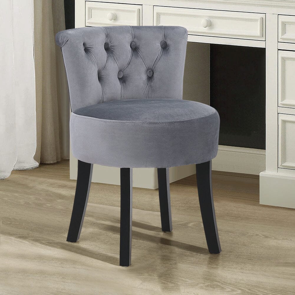 Velvet Vanity Stool with 7-Button Tufted Backrest & Black Rubber Wood Legs Living and Home 
