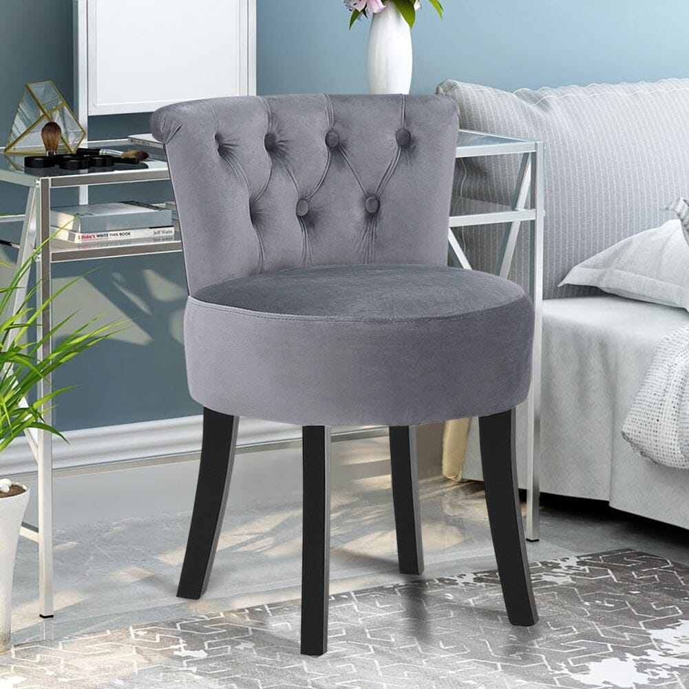 Velvet Vanity Stool with 7-Button Tufted Backrest & Black Rubber Wood Legs Living and Home 