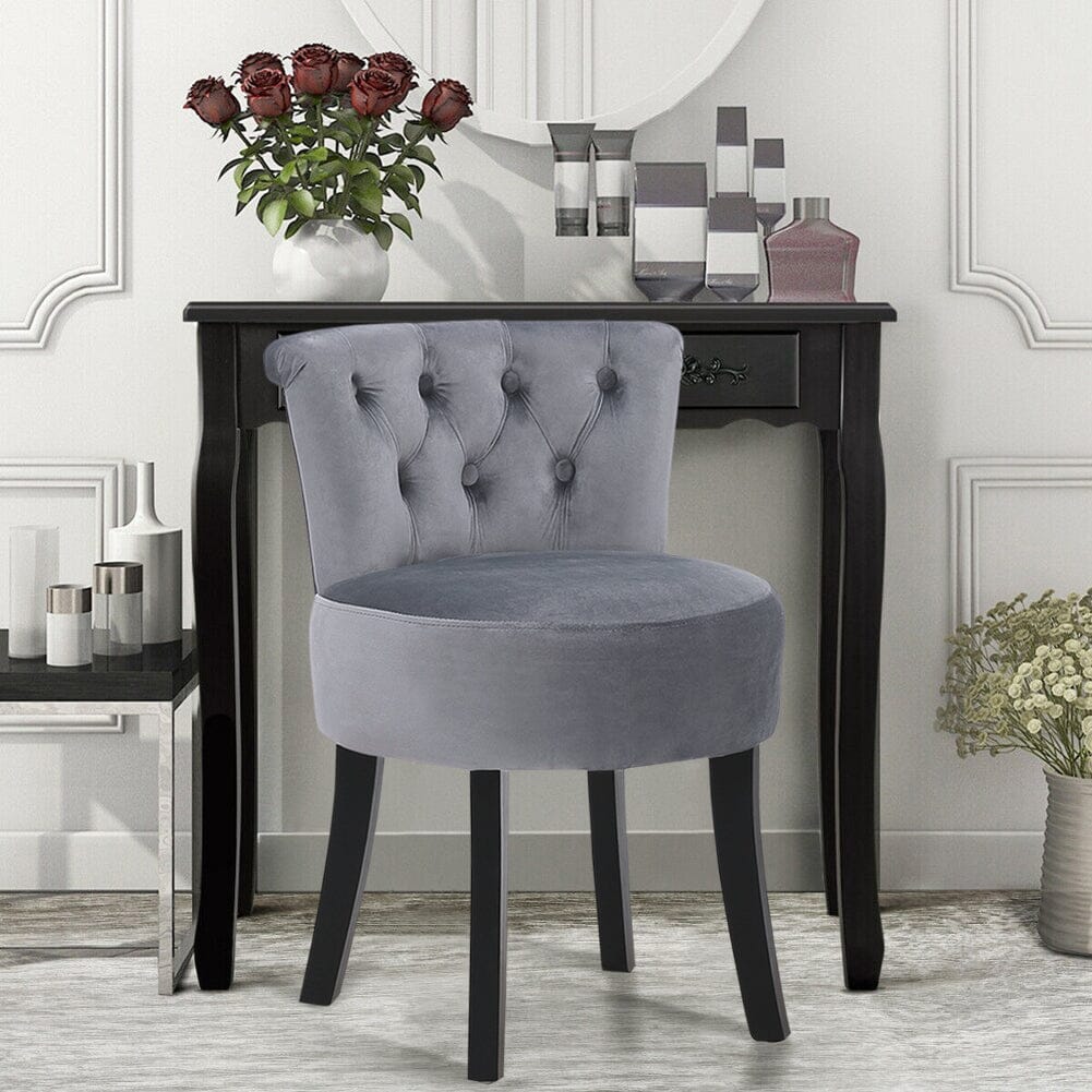 Velvet Vanity Stool with 7-Button Tufted Backrest & Black Rubber Wood Legs Living and Home 
