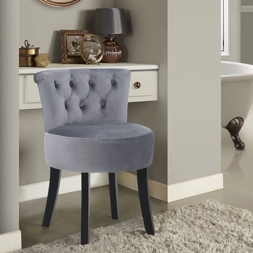 Velvet Vanity Stool with 7-Button Tufted Backrest & Black Rubber Wood Legs Living and Home 