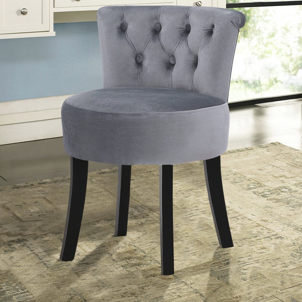 Velvet Vanity Stool with 7-Button Tufted Backrest & Black Rubber Wood Legs Living and Home 