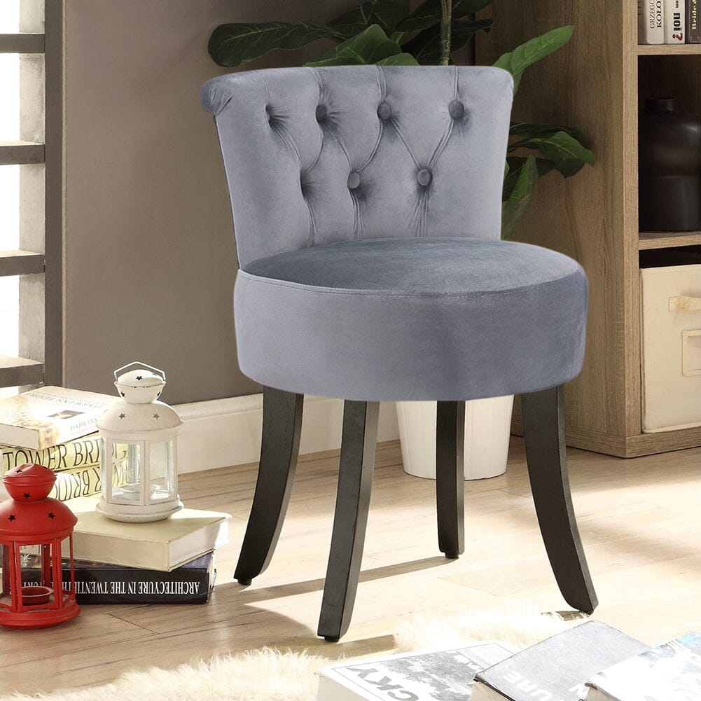 Velvet Vanity Stool with 7-Button Tufted Backrest & Black Rubber Wood Legs Living and Home 