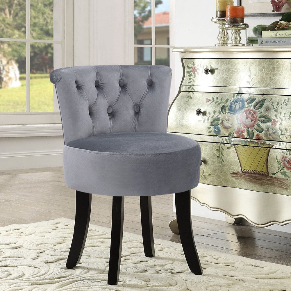 Velvet Vanity Stool with 7-Button Tufted Backrest & Black Rubber Wood Legs Living and Home 