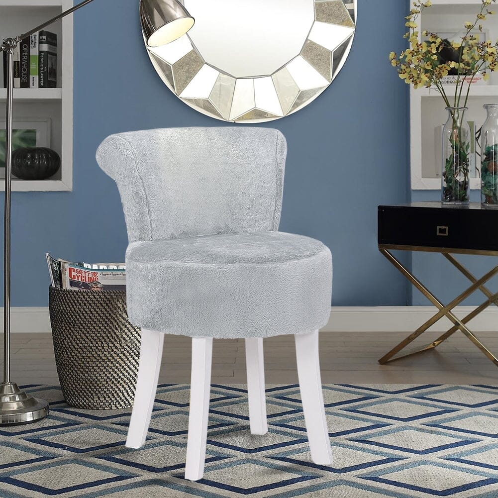 Long Pile Fleece Vanity Stool with White Rubber Wood Legs Living and Home Grey 