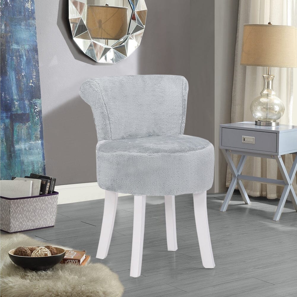 Long Pile Fleece Vanity Stool with White Rubber Wood Legs Living and Home 