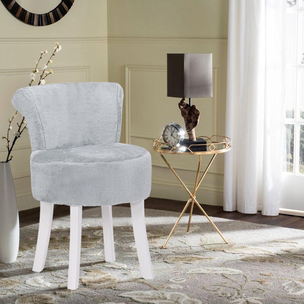 Long Pile Fleece Vanity Stool with White Rubber Wood Legs Living and Home 
