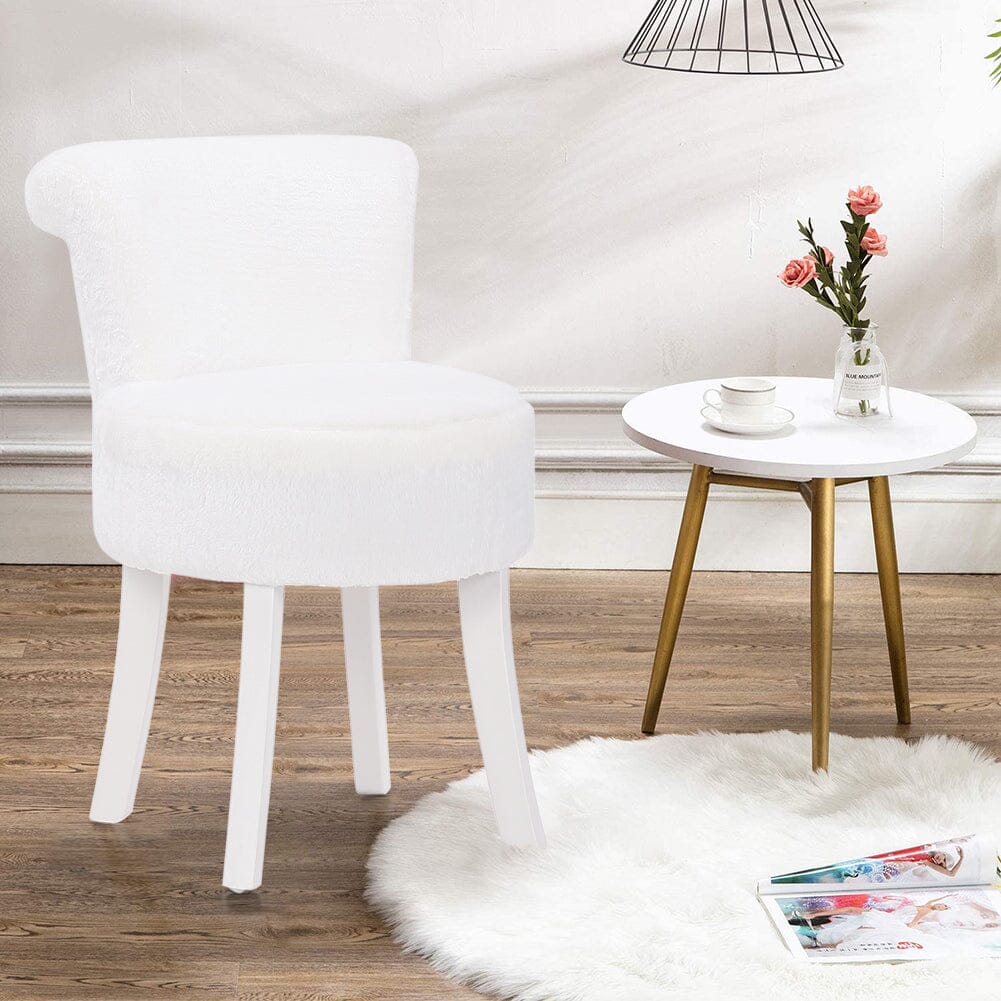 Long Pile Fleece Vanity Stool with White Rubber Wood Legs Living and Home 