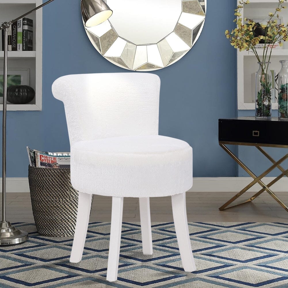 Long Pile Fleece Vanity Stool with White Rubber Wood Legs Living and Home White 