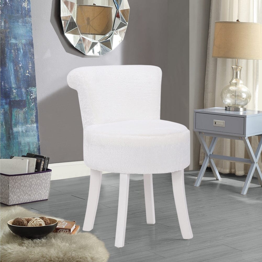 Long Pile Fleece Vanity Stool with White Rubber Wood Legs Living and Home 