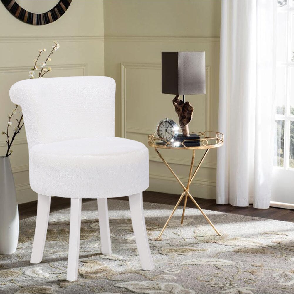 Long Pile Fleece Vanity Stool with White Rubber Wood Legs Living and Home 