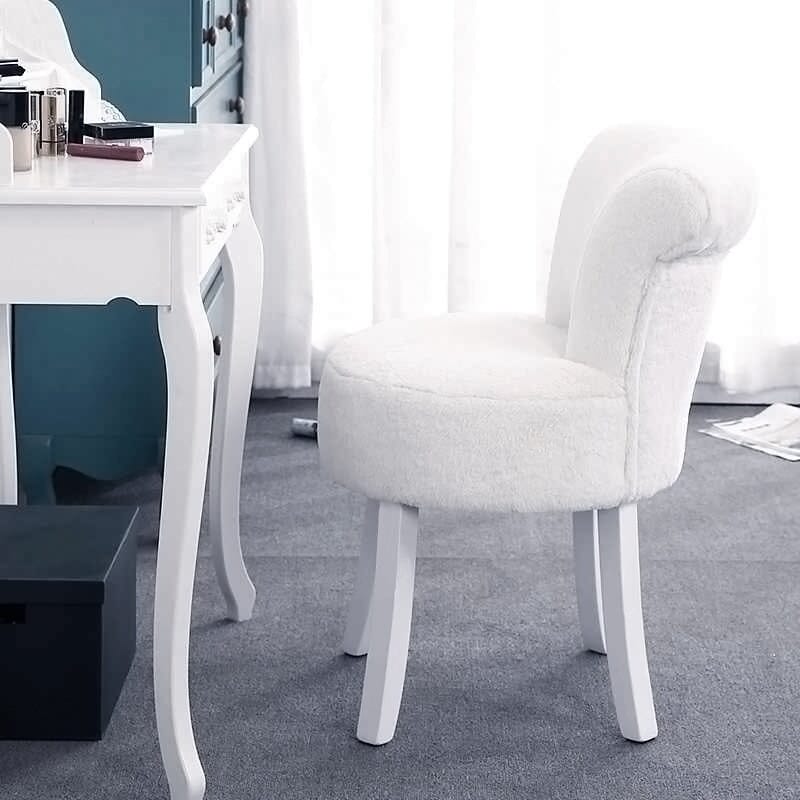Long Pile Fleece Vanity Stool with White Rubber Wood Legs Living and Home 