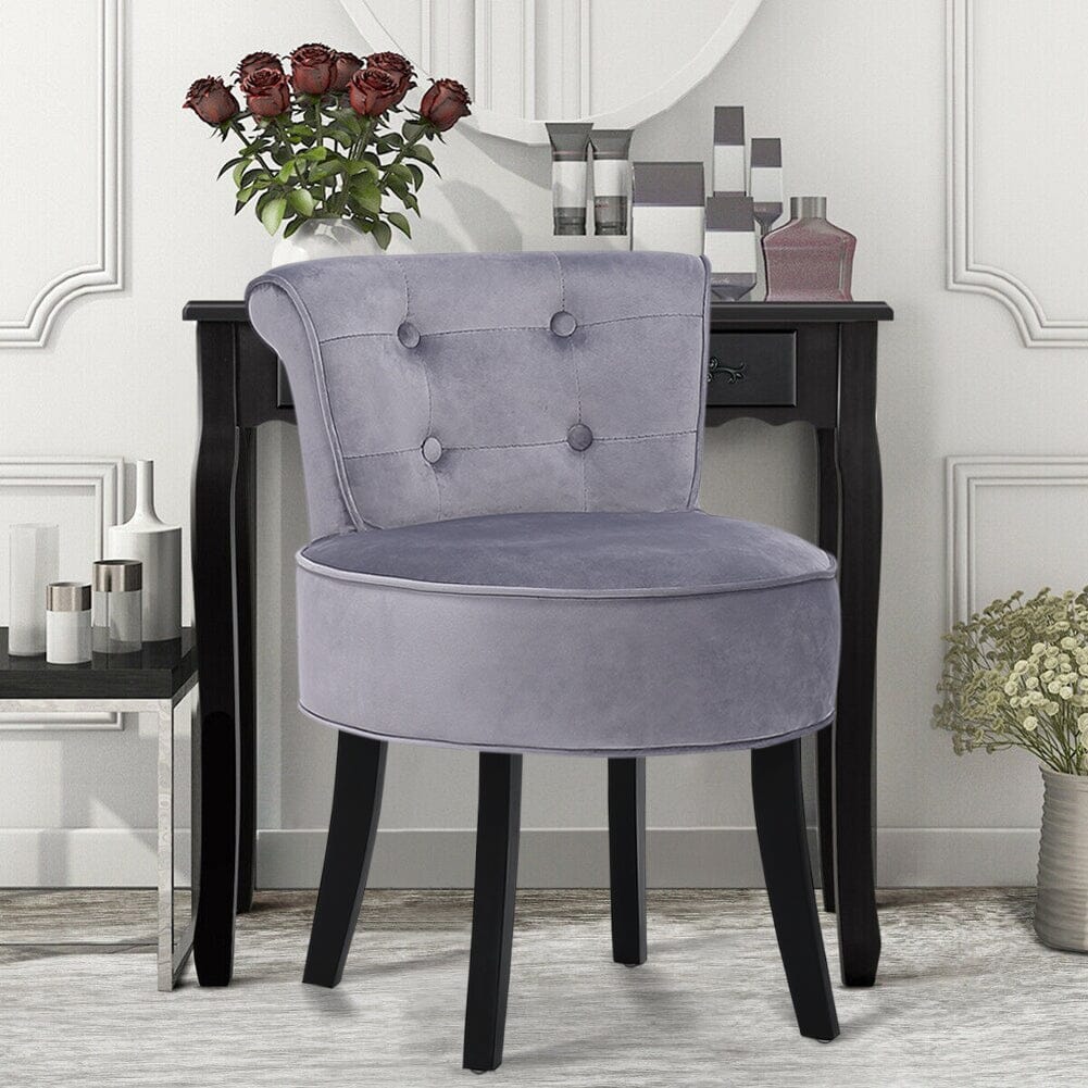 Tufted Vanity Stool with 4-Button Backrest & Black Rubber Wood Legs Living and Home Grey 
