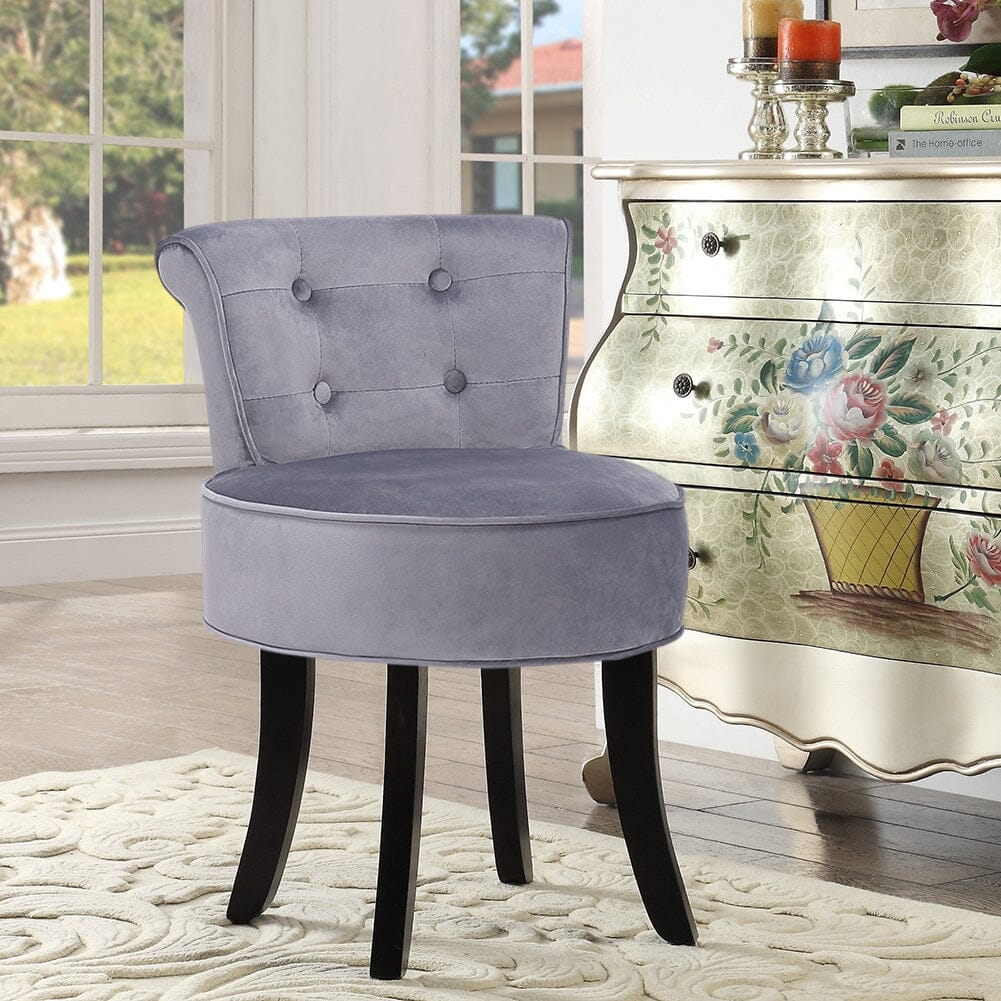 Tufted Vanity Stool with 4-Button Backrest & Black Rubber Wood Legs Living and Home 