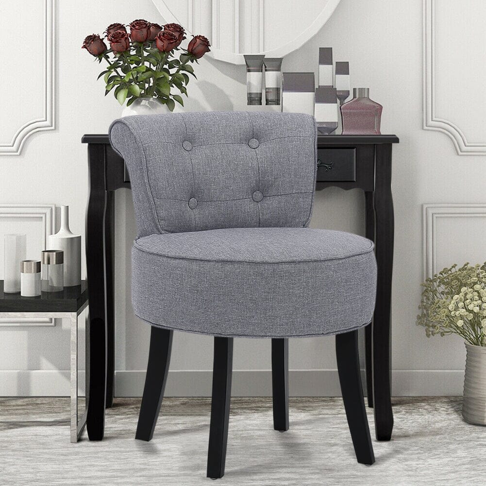 Tufted Vanity Stool with 4-Button Backrest & Black Rubber Wood Legs Living and Home Light Grey 