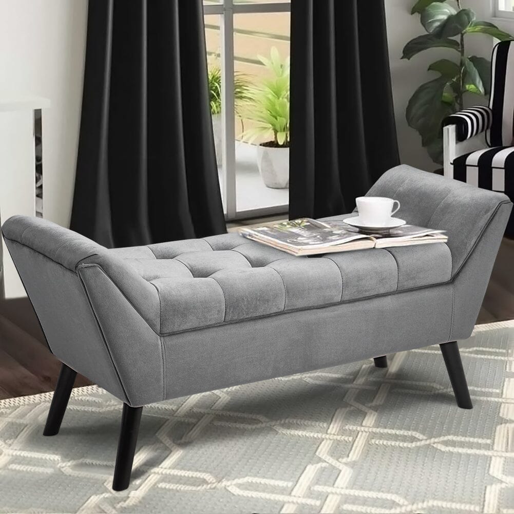 Mid-Century Modern Tufted Bench Grey Velvet with Black Wooden Legs Living and Home 