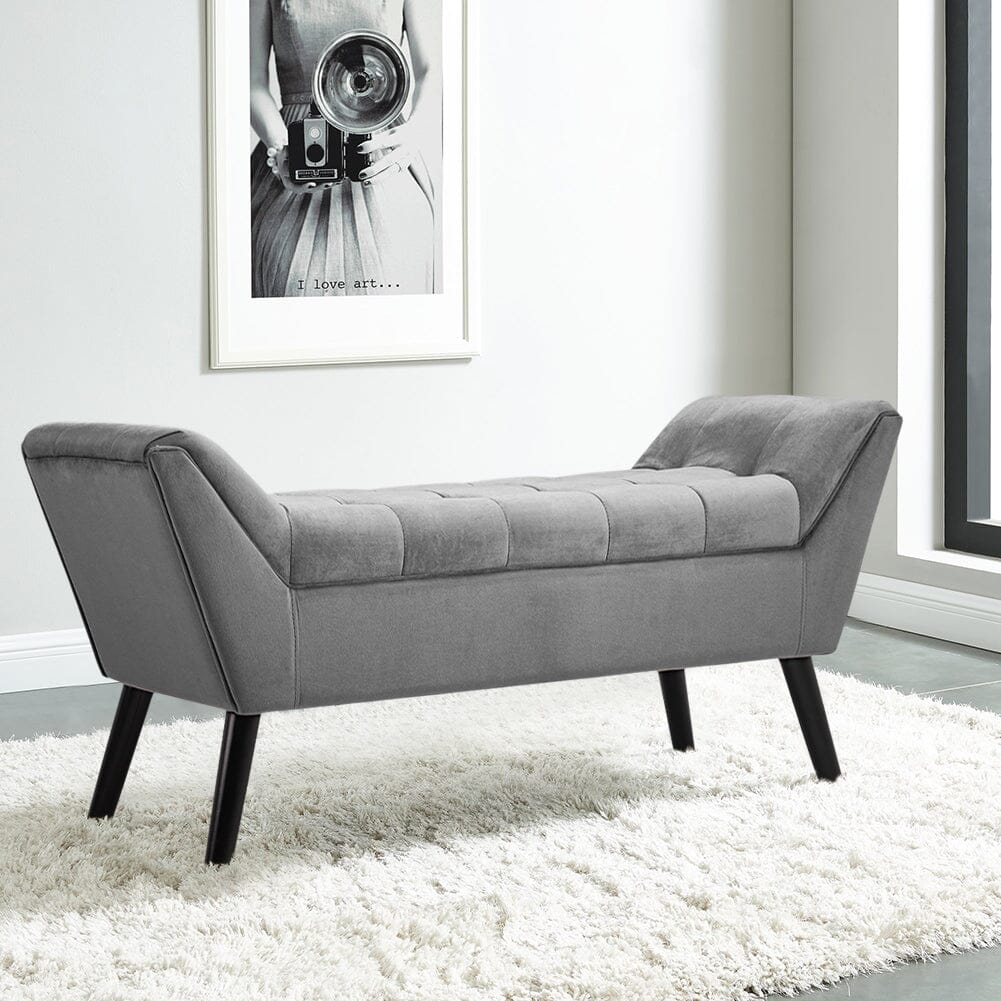 Mid-Century Modern Tufted Bench Grey Velvet with Black Wooden Legs Living and Home 