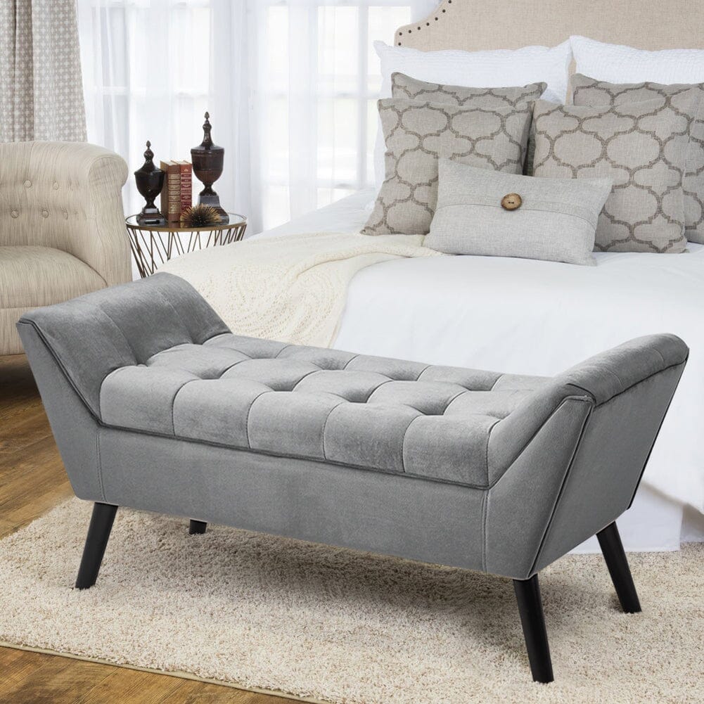 Mid-Century Modern Tufted Bench Grey Velvet with Black Wooden Legs Living and Home 