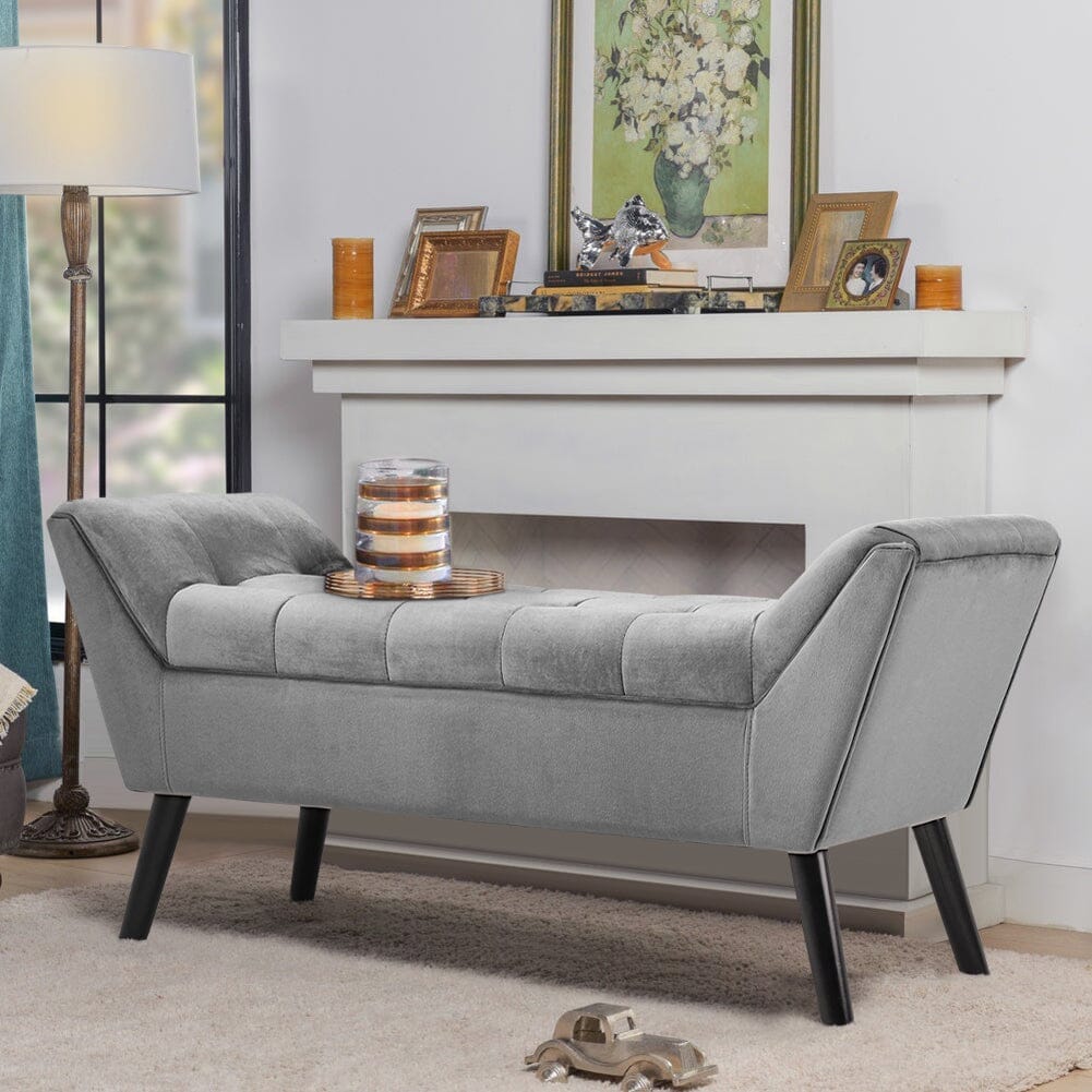 Mid-Century Modern Tufted Bench Grey Velvet with Black Wooden Legs Living and Home 