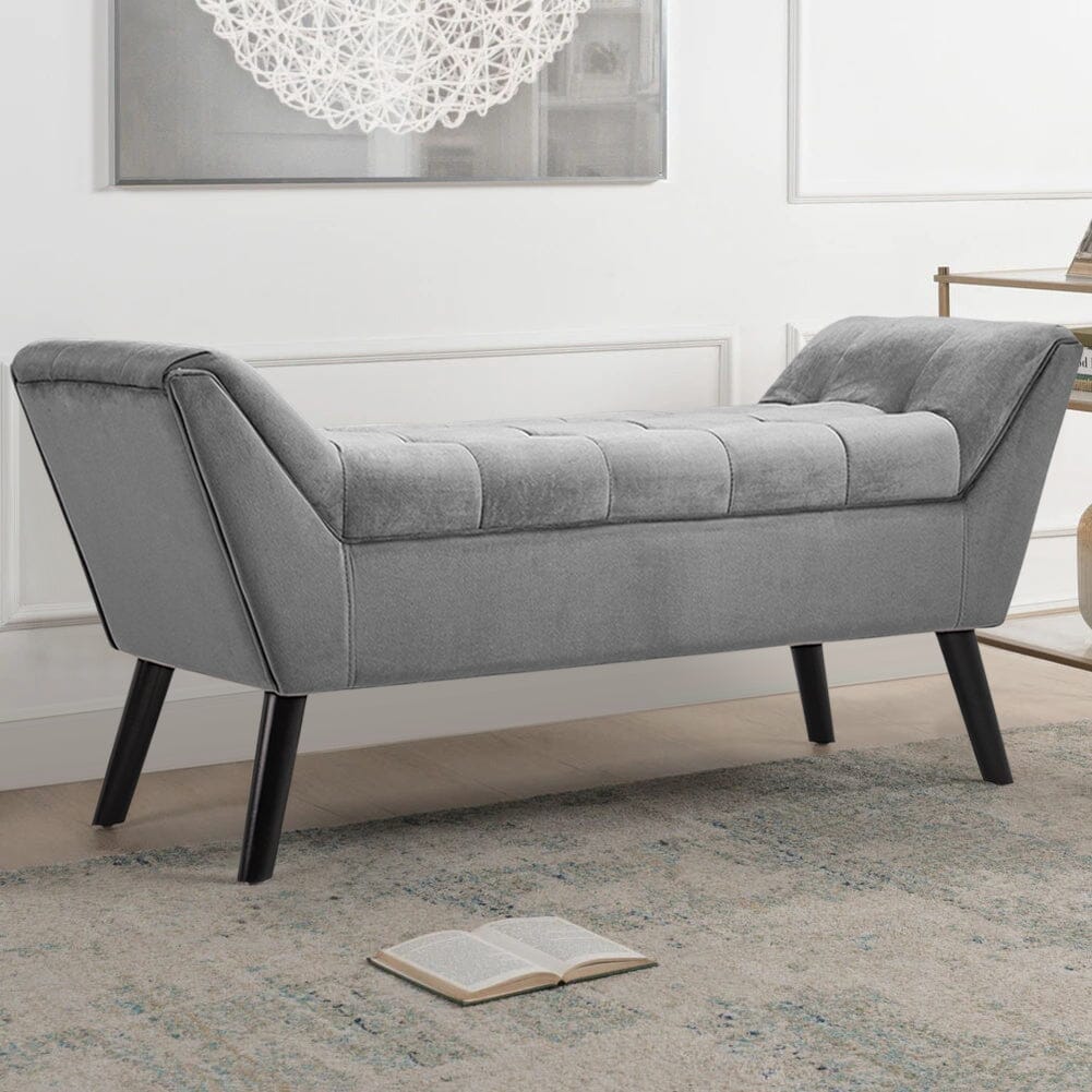 Mid-Century Modern Tufted Bench Grey Velvet with Black Wooden Legs Living and Home 
