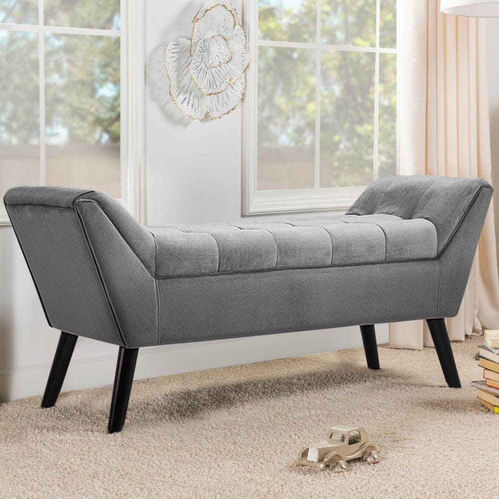 Mid-Century Modern Tufted Bench Grey Velvet with Black Wooden Legs Living and Home 