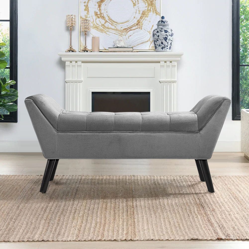 Mid-Century Modern Tufted Bench Grey Velvet with Black Wooden Legs Living and Home 