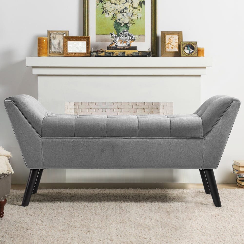 Mid-Century Modern Tufted Bench Grey Velvet with Black Wooden Legs Living and Home 