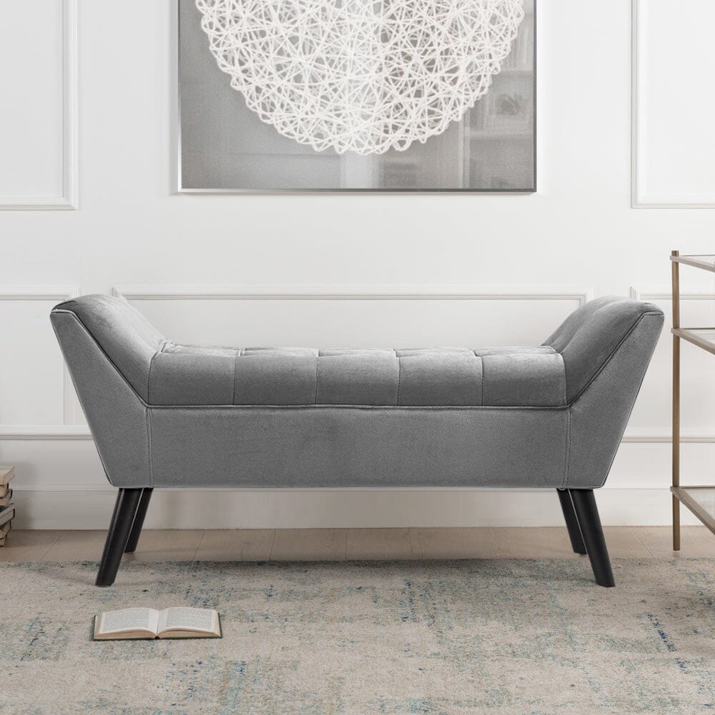 Mid-Century Modern Tufted Bench Grey Velvet with Black Wooden Legs Living and Home 