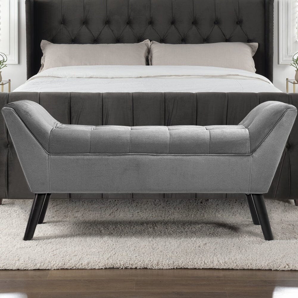 Mid-Century Modern Tufted Bench Grey Velvet with Black Wooden Legs Living and Home 