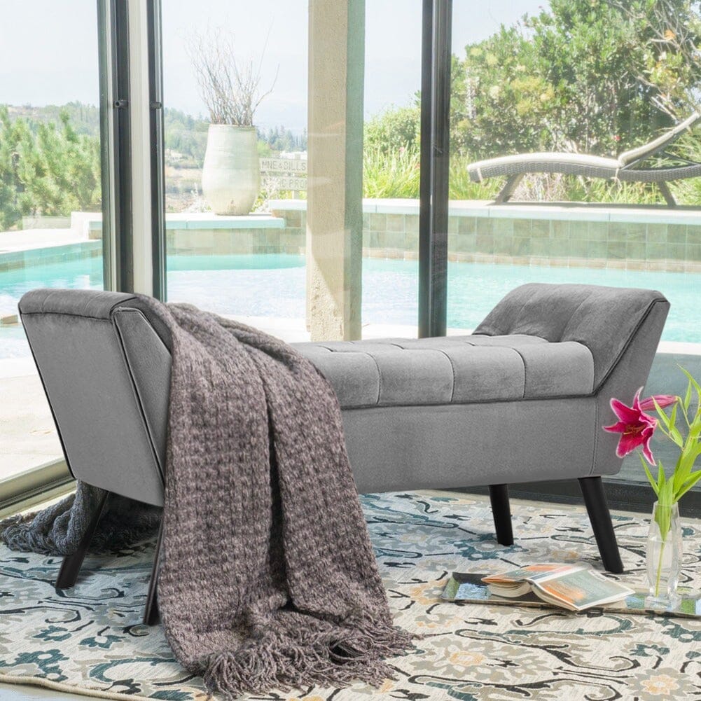 Mid-Century Modern Tufted Bench Grey Velvet with Black Wooden Legs Living and Home 