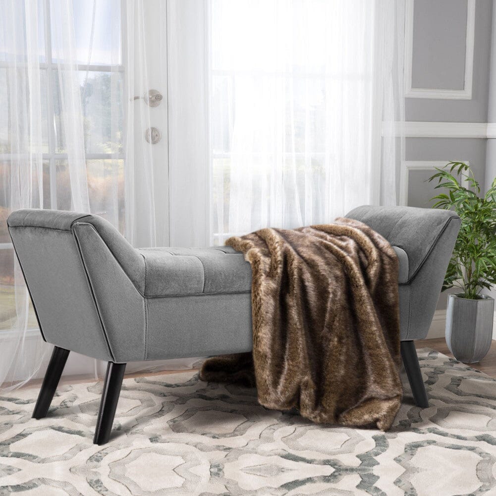 Mid-Century Modern Tufted Bench Grey Velvet with Black Wooden Legs Living and Home 