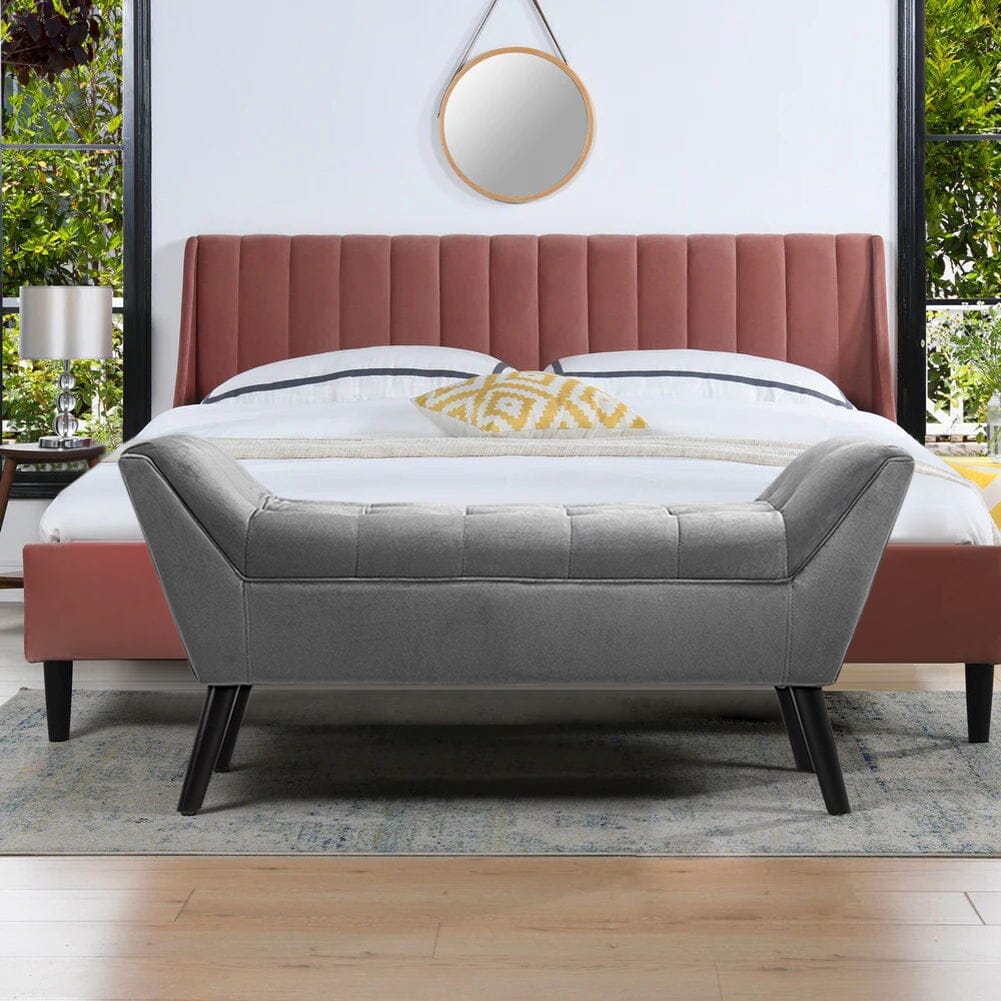 Mid-Century Modern Tufted Bench Grey Velvet with Black Wooden Legs Living and Home 