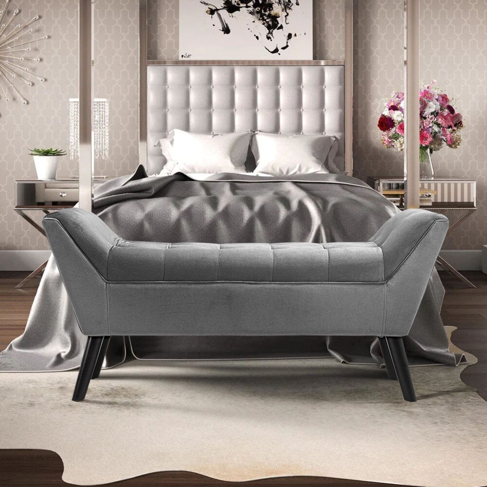 Mid-Century Modern Tufted Bench Grey Velvet with Black Wooden Legs Living and Home 