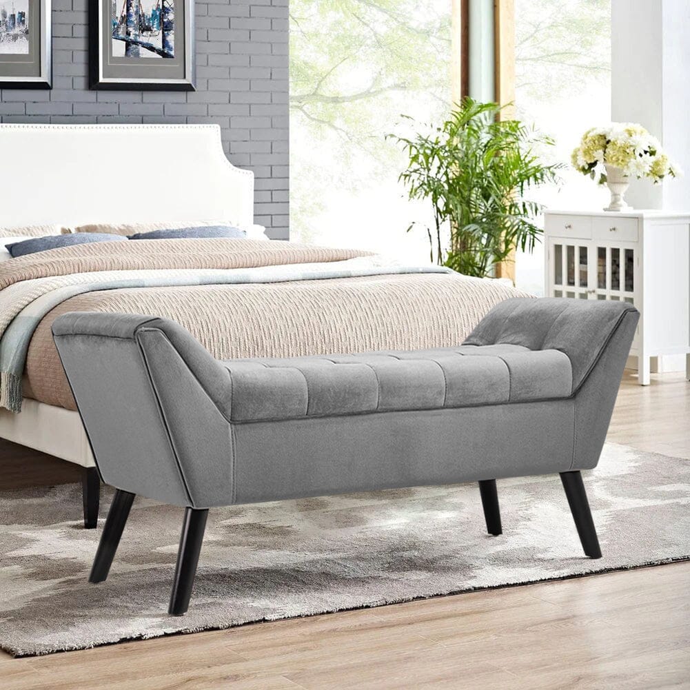 Mid-Century Modern Tufted Bench Grey Velvet with Black Wooden Legs Living and Home 