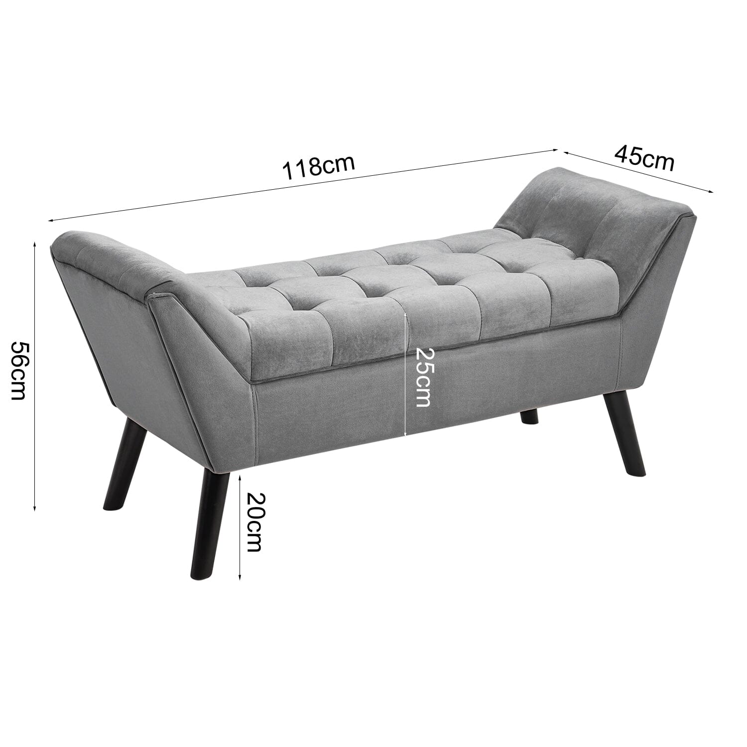 Mid-Century Modern Tufted Bench Grey Velvet with Black Wooden Legs Living and Home 