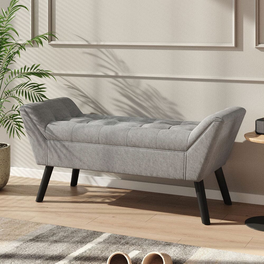 Mid-Century Modern Tufted Bench Grey Velvet with Black Wooden Legs Living and Home 