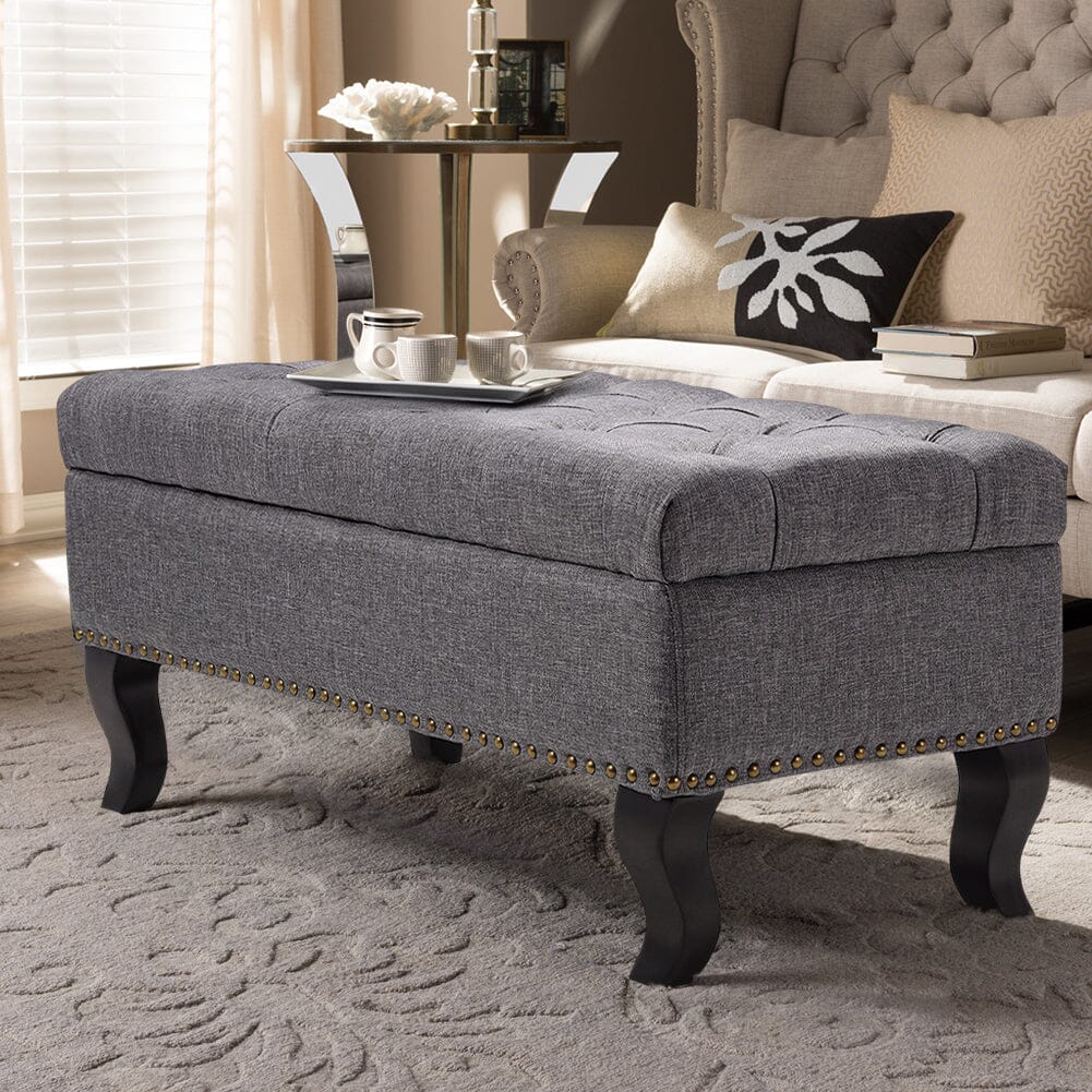 Chesterfield Style Tufted Bench Grey Linen with Nailhead Trim Living and Home 