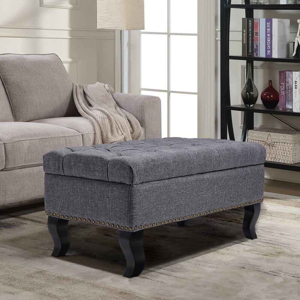 Chesterfield Style Tufted Bench Grey Linen with Nailhead Trim Living and Home 