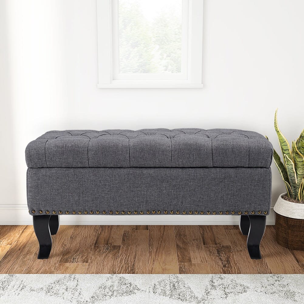 Chesterfield Style Tufted Bench Grey Linen with Nailhead Trim Living and Home 