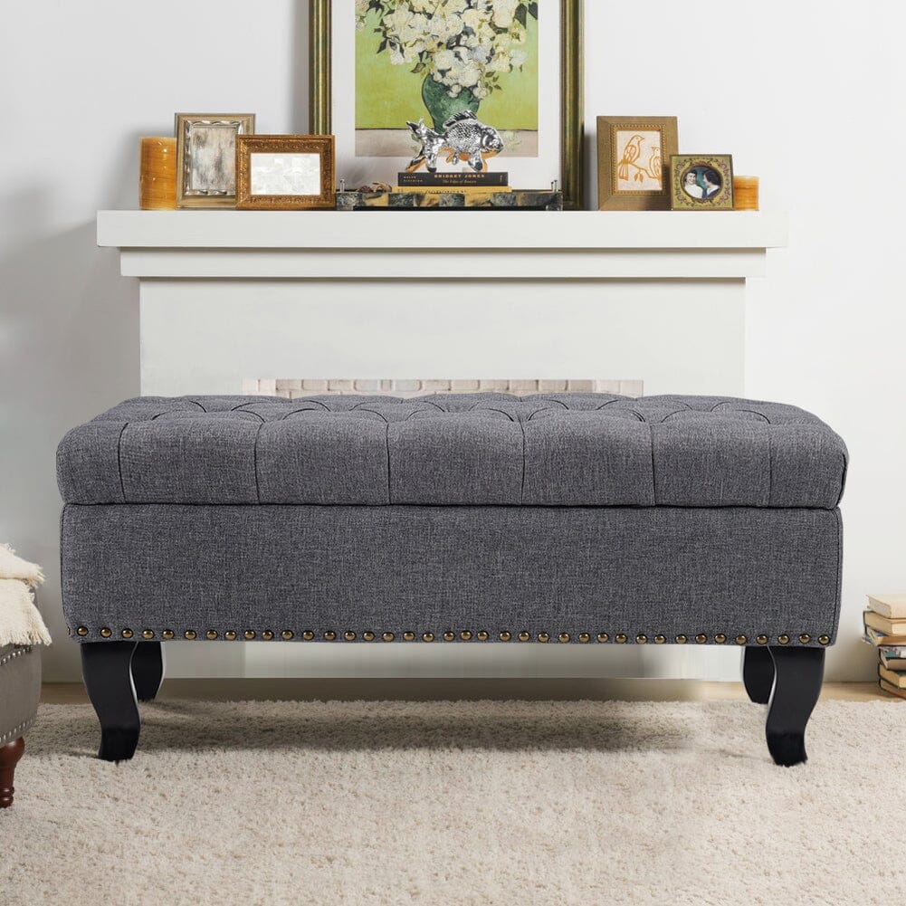 Chesterfield Style Tufted Bench Grey Linen with Nailhead Trim Living and Home 