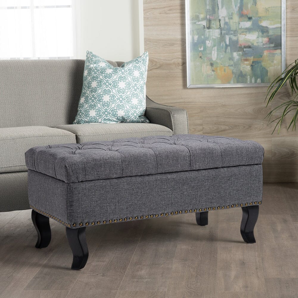 Chesterfield Style Tufted Bench Grey Linen with Nailhead Trim Living and Home 
