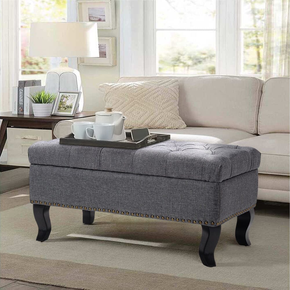 Chesterfield Style Tufted Bench Grey Linen with Nailhead Trim Living and Home 