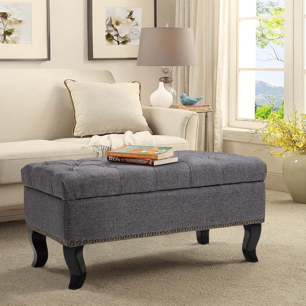 Chesterfield Style Tufted Bench Grey Linen with Nailhead Trim Living and Home 