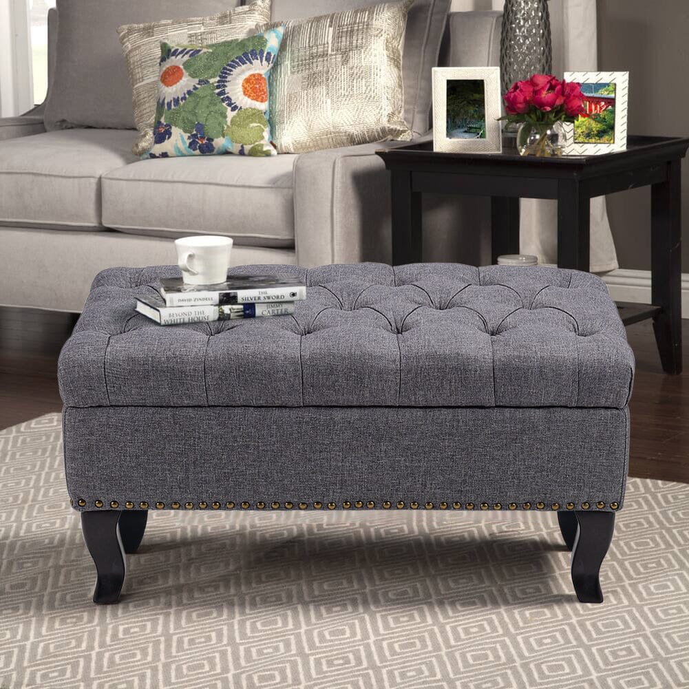 Chesterfield Style Tufted Bench Grey Linen with Nailhead Trim Living and Home 