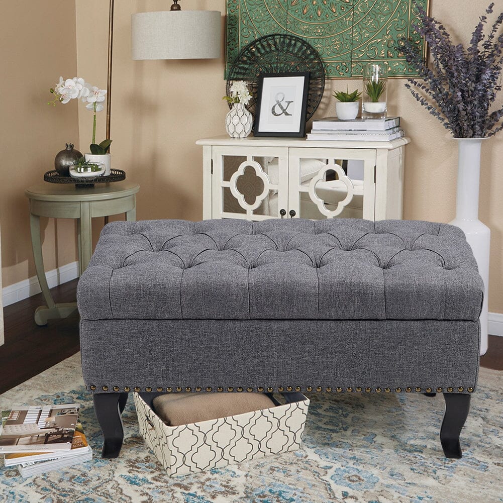 Chesterfield Style Tufted Bench Grey Linen with Nailhead Trim Living and Home 
